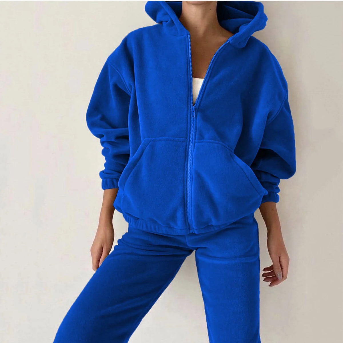 Casual Women Fleece Hoodie Two Piece Sets Hooded Zipper Outerwear And Harem Pant Suit Fall Winter Fashion Streetwear Tracksuit
