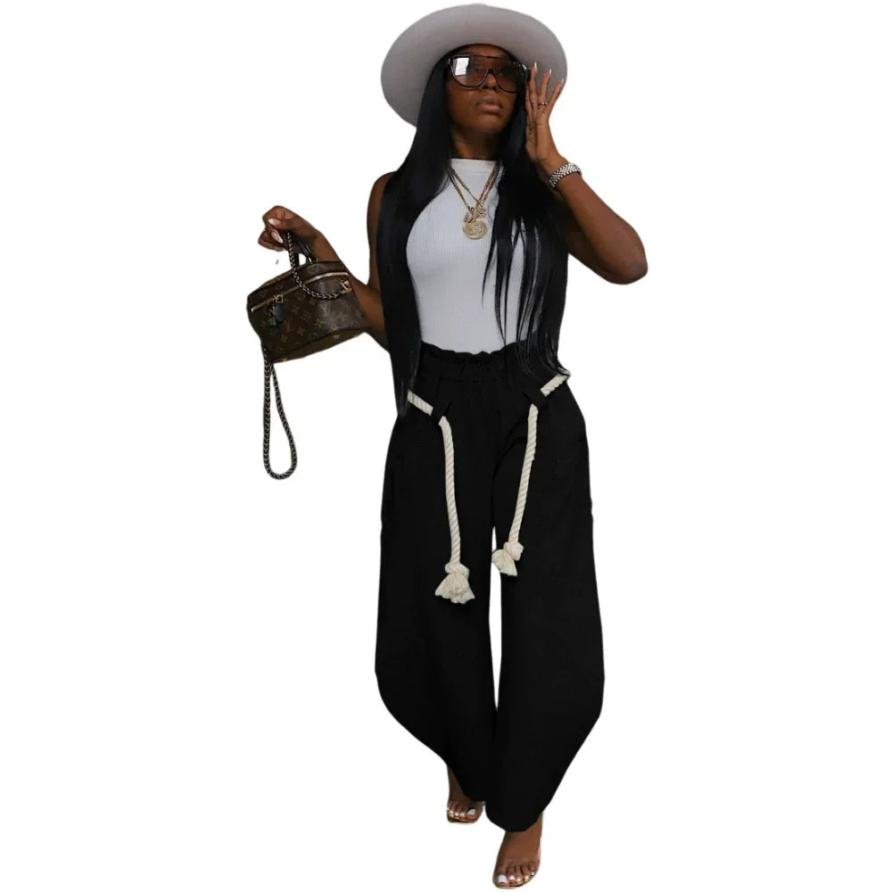 Fashion Women Pocket Belt Wide Leg Loose Jogger Pants 2025 Fall Winter Active Straight Streetwear Sweatpants Trousers