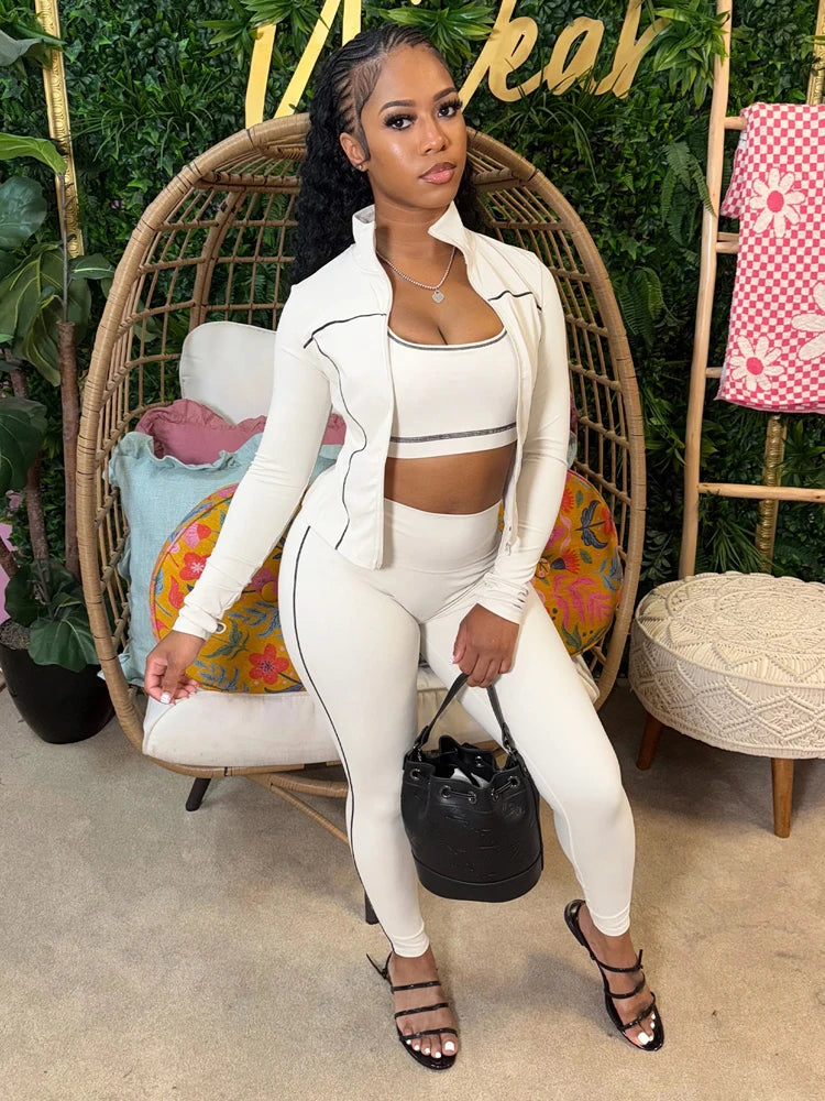 Fall 2025 Fashion Tracksuit 3 Piece Sets Womens Streetwear Stripe Patchwork Long Sleeve Jacket Tops and Pants Gym Set Outfits