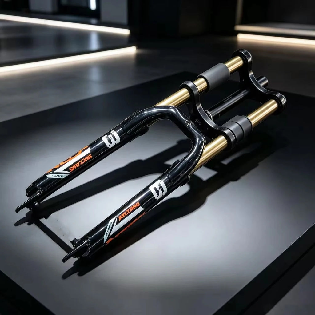 26/27.5" Mountain Bike Double Shoulder Fork, Oil Spring Suspension, 28.6mm x 220mm Steerer, 130mm Travel, 34mm Leg, QR 100mm
