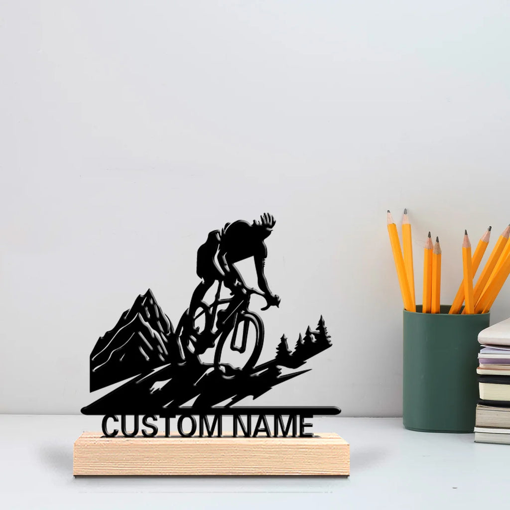 1pc Fashion Personalized Custom Mountain Bike Metal Statues Metal Art With Wooden Base Suitable For Outdoor Enthusiasts, Mountai