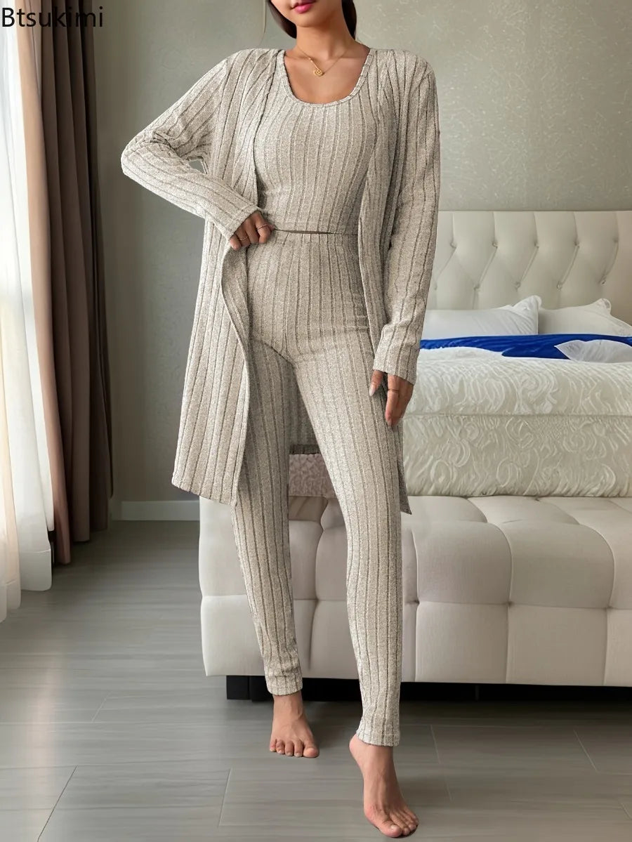 Fall Winter 3 Piece Homewear for Women Solid Cardigan Fashion Pant and Vest Ladies Suit Vintage Fashion Ladies Three Piece Set