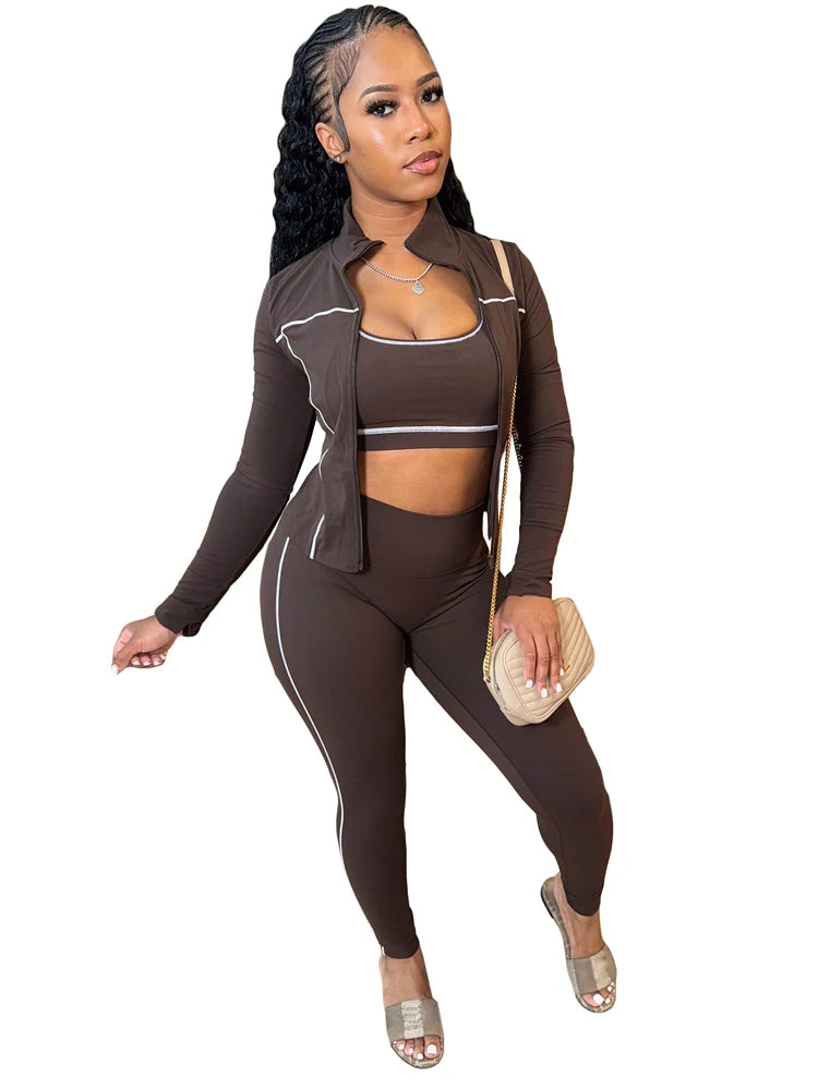 Fall 2025 Fashion Tracksuit 3 Piece Sets Womens Streetwear Stripe Patchwork Long Sleeve Jacket Tops and Pants Gym Set Outfits