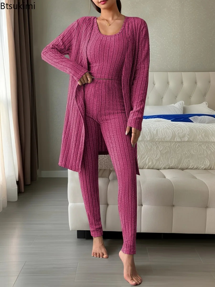 Fall Winter 3 Piece Homewear for Women Solid Cardigan Fashion Pant and Vest Ladies Suit Vintage Fashion Ladies Three Piece Set