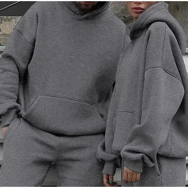 Fall and winter couple's fleece-lined hooded set, men's warm casual long-sleeve pants for outdoor sports wear