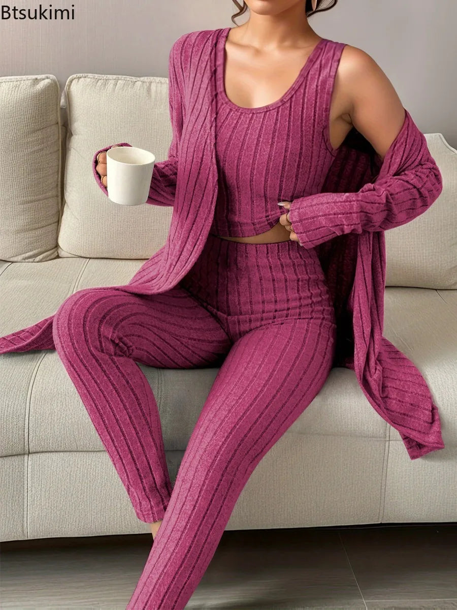 Fall Winter 3 Piece Homewear for Women Solid Cardigan Fashion Pant and Vest Ladies Suit Vintage Fashion Ladies Three Piece Set