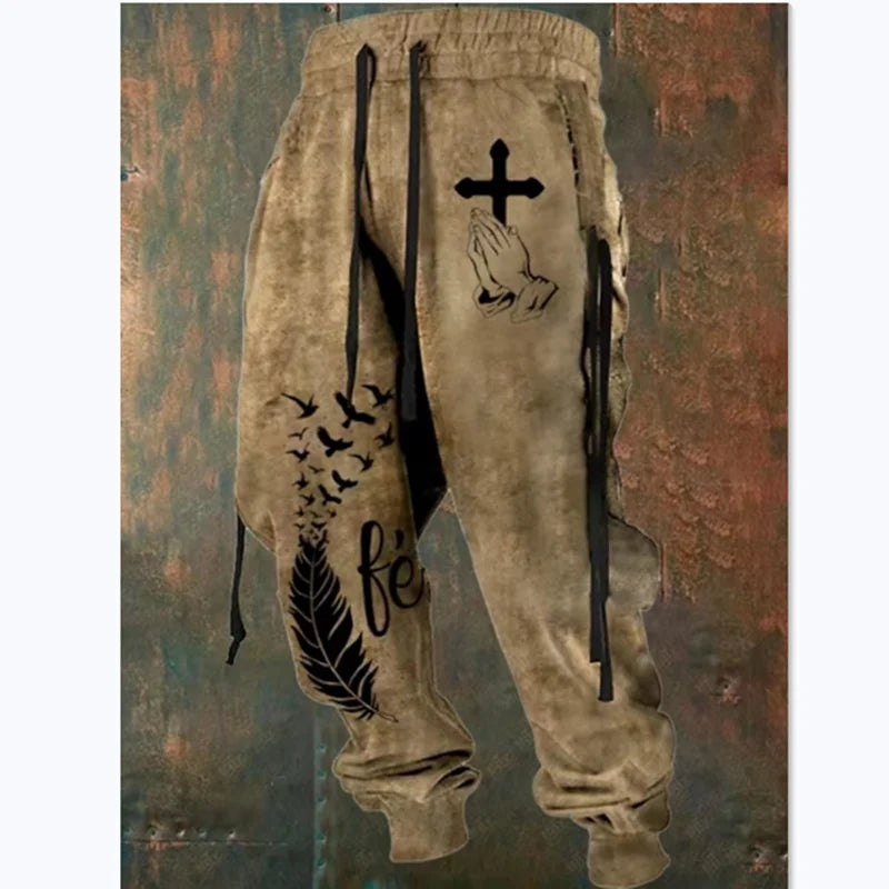 Fall Sports Jogging Trouser For Men Fashion Patchwork Drawstring Design Pattern Print Loose Pants Streetwear Men's Clothin