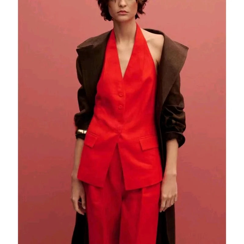 Fall New Casual Women's Set Backless Collarless Vest High Waist Long Pants Fashionable Two-Piece Suit for Adults Comfortable ...