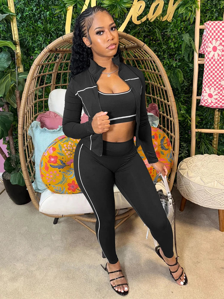 Fall 2025 Fashion Tracksuit 3 Piece Sets Womens Streetwear Stripe Patchwork Long Sleeve Jacket Tops and Pants Gym Set Outfits