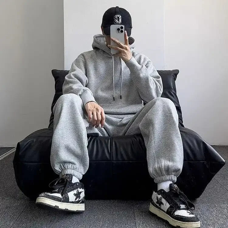 Fall and winter couple's fleece-lined hooded set, men's warm casual long-sleeve pants for outdoor sports wear