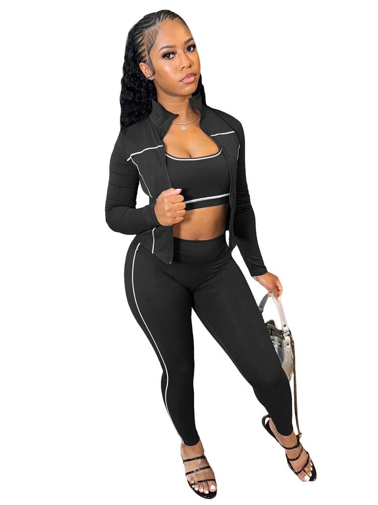 Fall 2025 Fashion Tracksuit 3 Piece Sets Womens Streetwear Stripe Patchwork Long Sleeve Jacket Tops and Pants Gym Set Outfits