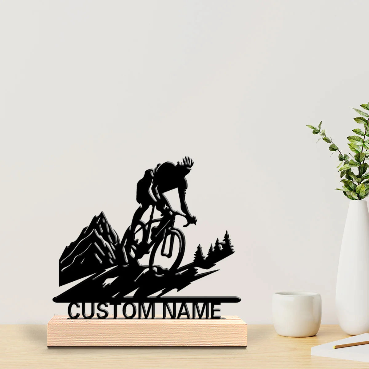1pc Fashion Personalized Custom Mountain Bike Metal Statues Metal Art With Wooden Base Suitable For Outdoor Enthusiasts, Mountai