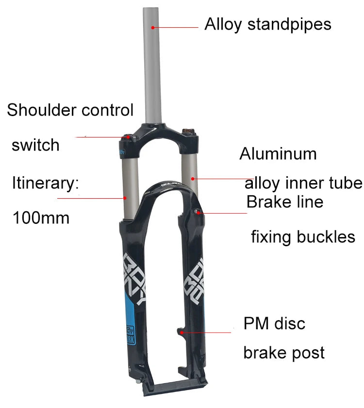 BOLANY-Mountain Bike Fork, Aluminum Alloy, Mechanical, Straight Tube, Shoulder Control, Shock Absorber, 100mm Stroke, 24in Fork
