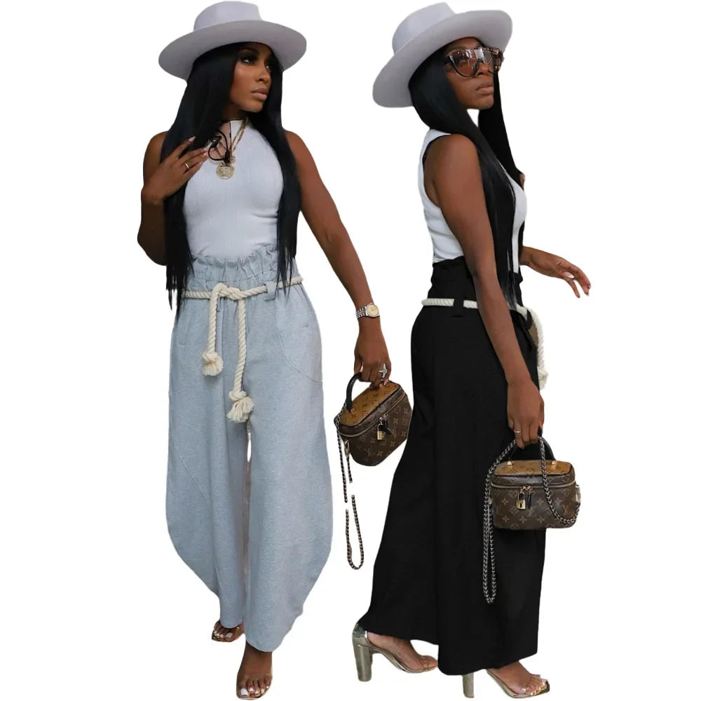 Fashion Women Pocket Belt Wide Leg Loose Jogger Pants 2025 Fall Winter Active Straight Streetwear Sweatpants Trousers