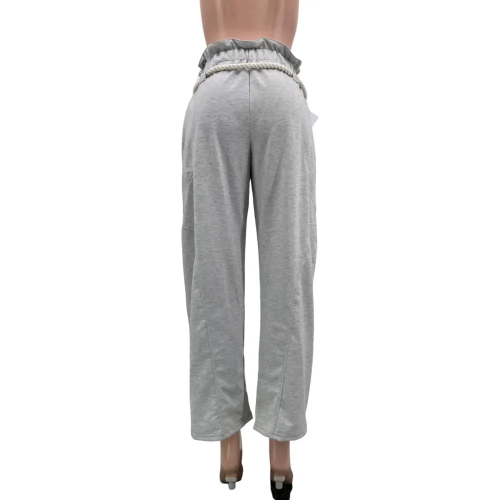 Fashion Women Pocket Belt Wide Leg Loose Jogger Pants 2025 Fall Winter Active Straight Streetwear Sweatpants Trousers