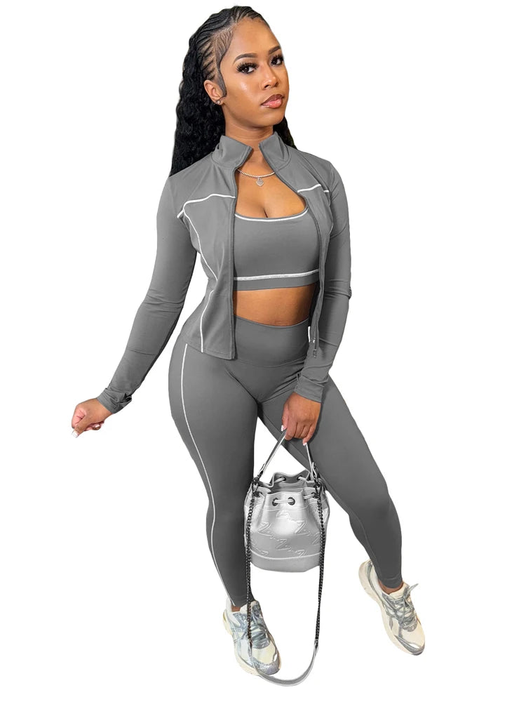 Fall 2025 Fashion Tracksuit 3 Piece Sets Womens Streetwear Stripe Patchwork Long Sleeve Jacket Tops and Pants Gym Set Outfits