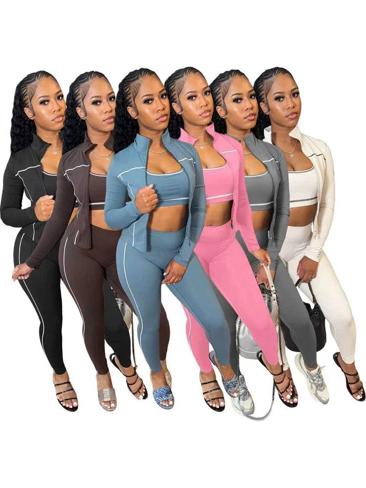 Fall 2025 Fashion Tracksuit 3 Piece Sets Womens Streetwear Stripe Patchwork Long Sleeve Jacket Tops and Pants Gym Set Outfits