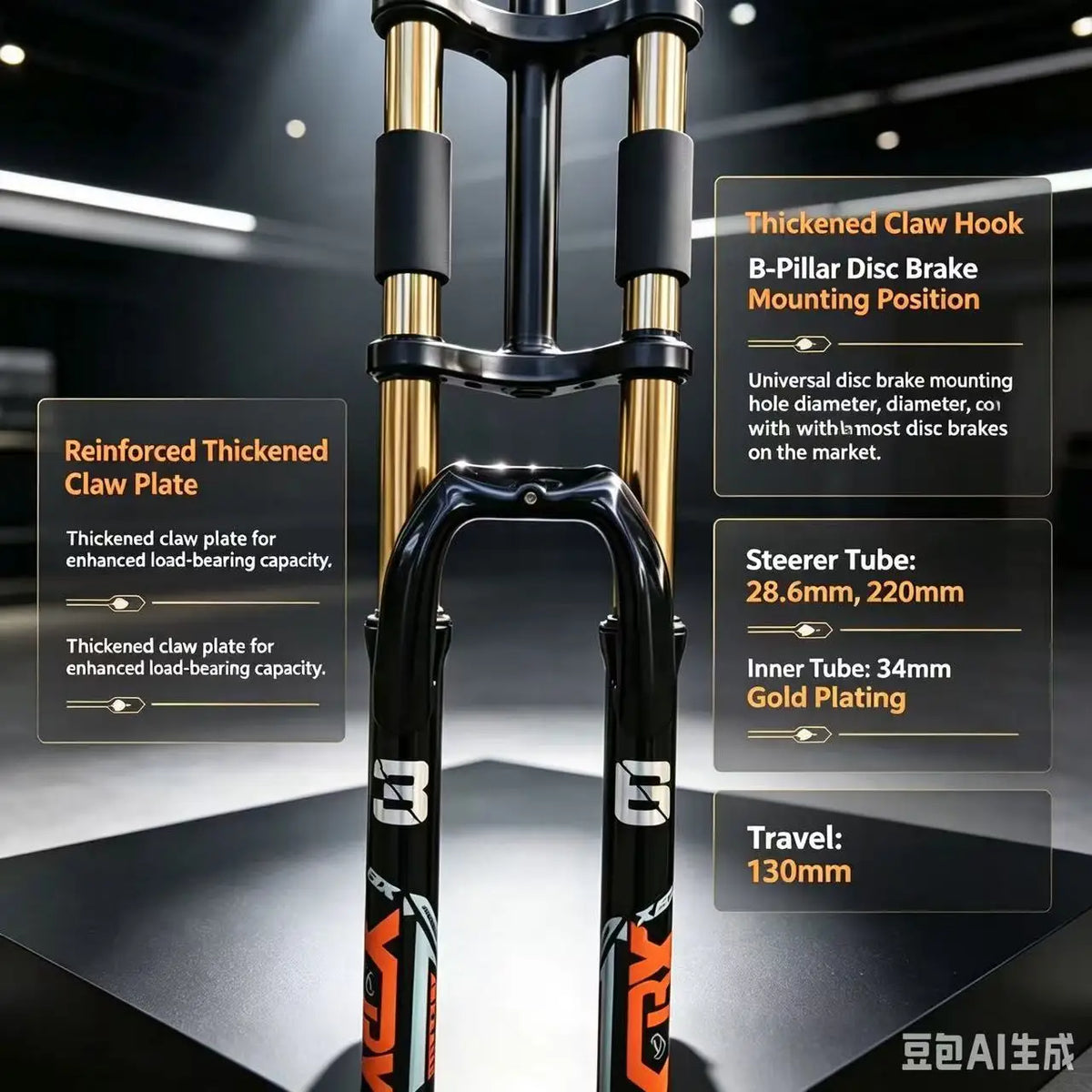 26/27.5" Mountain Bike Double Shoulder Fork, Oil Spring Suspension, 28.6mm x 220mm Steerer, 130mm Travel, 34mm Leg, QR 100mm