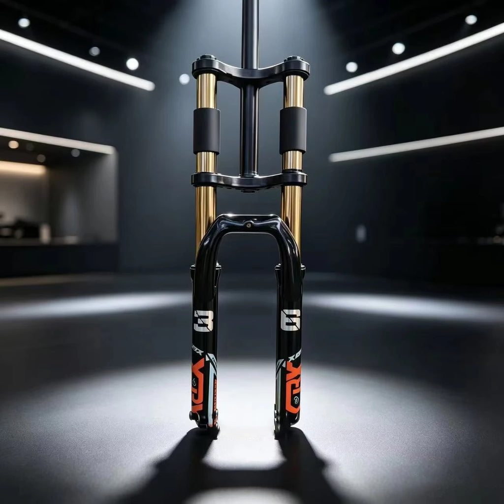 26/27.5" Mountain Bike Double Shoulder Fork, Oil Spring Suspension, 28.6mm x 220mm Steerer, 130mm Travel, 34mm Leg, QR 100mm