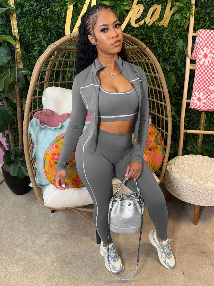 Fall 2025 Fashion Tracksuit 3 Piece Sets Womens Streetwear Stripe Patchwork Long Sleeve Jacket Tops and Pants Gym Set Outfits