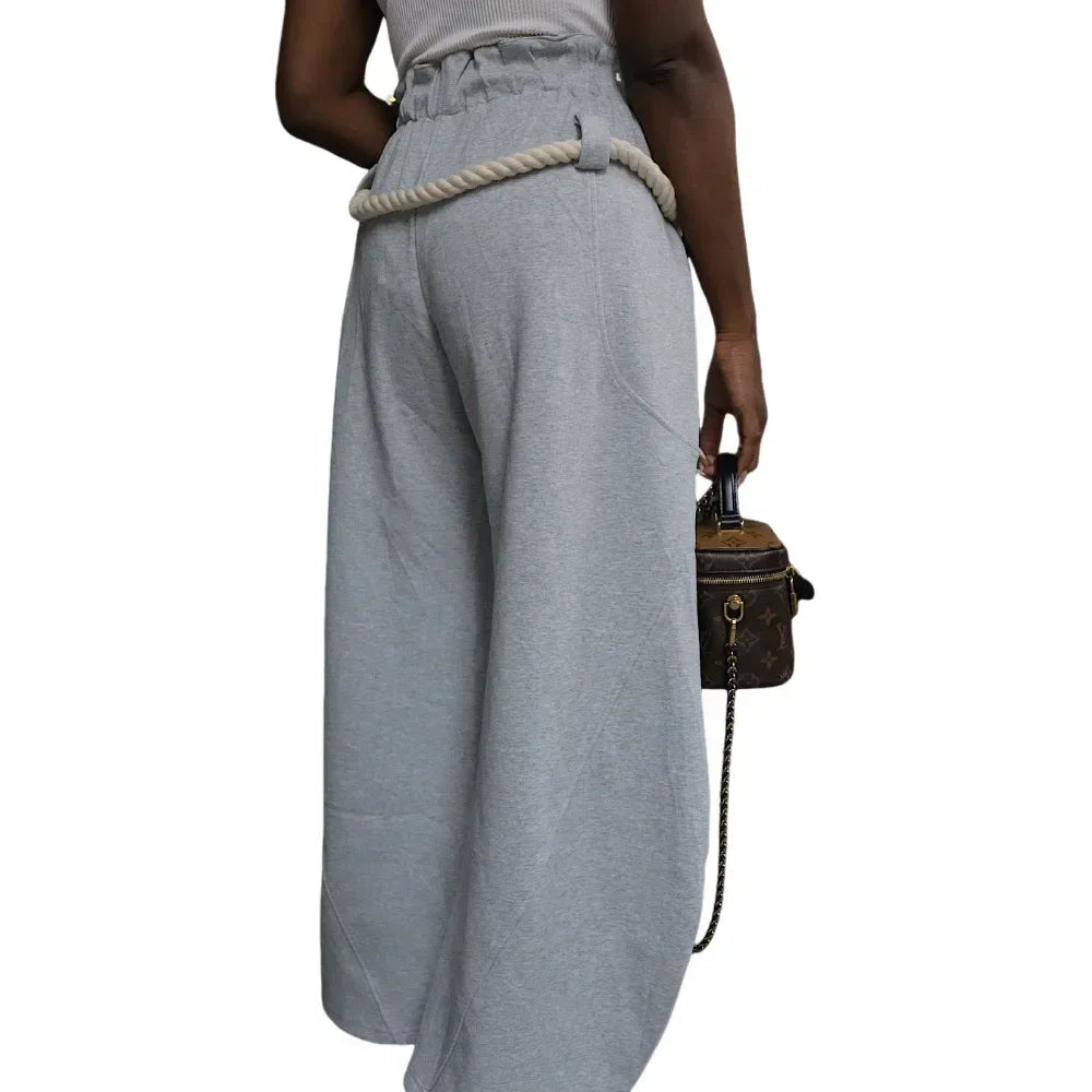 Fashion Women Pocket Belt Wide Leg Loose Jogger Pants 2025 Fall Winter Active Straight Streetwear Sweatpants Trousers