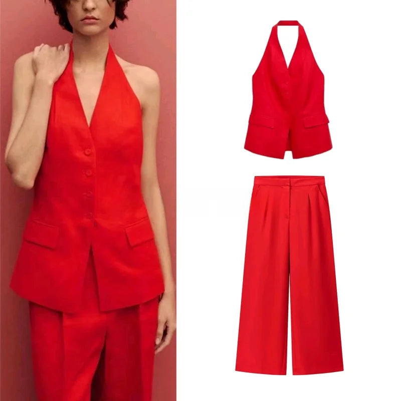 Fall New Casual Women's Set Backless Collarless Vest High Waist Long Pants Fashionable Two-Piece Suit for Adults Comfortable ...